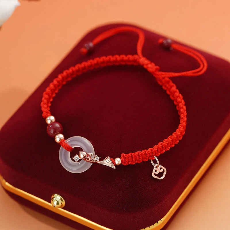 Mocoer Handmade Chalcedony Peace Buckle Koi Fish 925 Sterling Silver Braided String Positive Couple's Bracelet - Mocoer