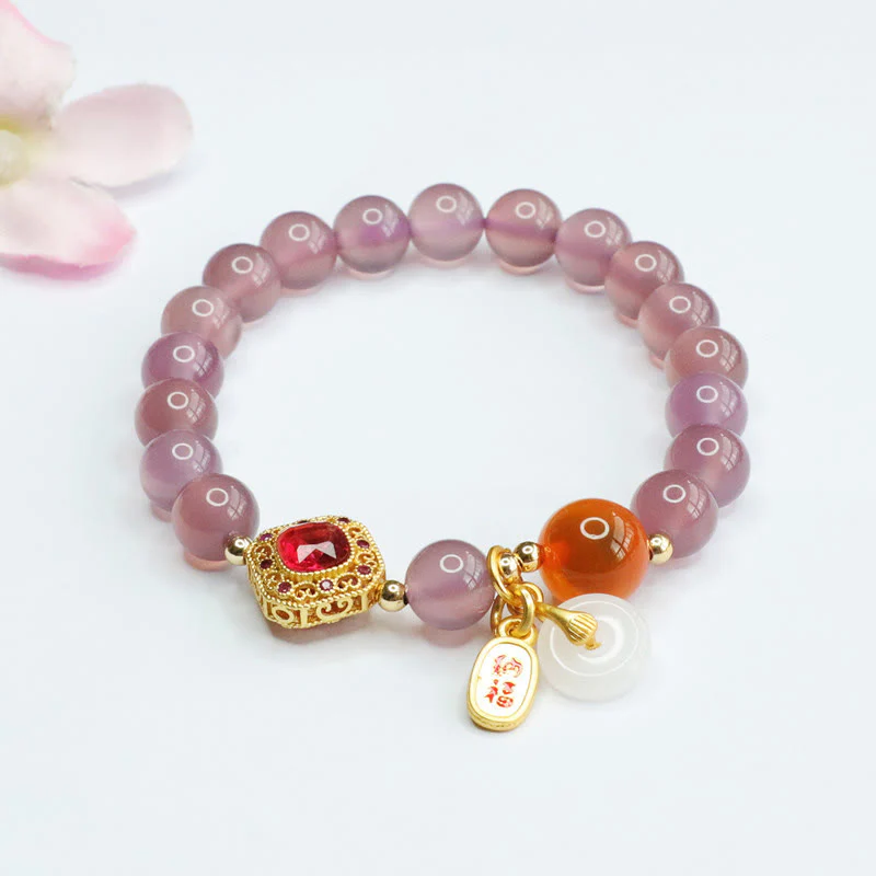 Mocoer Natural Purple Chalcedony Candy Agate Peace Buckle Harmony Lucky Fortune Charm Bracelet - Mocoer