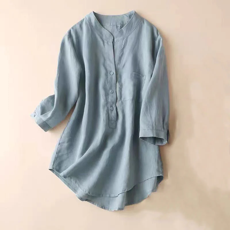Mocoer Casual Women's V-neck Three Quarter Sleeve Design Plain Cotton Linen Shirt - Mocoer
