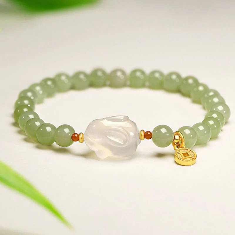 Mocoer Natural Hetian Jade Agate Rabbit Copper Coin Luck Bracelet - Mocoer
