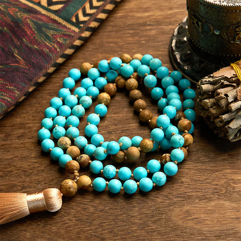 Mocoer 108 Mala Beads Turquoise Picture Jasper Bead Tassel Balance Bracelet - Mocoer