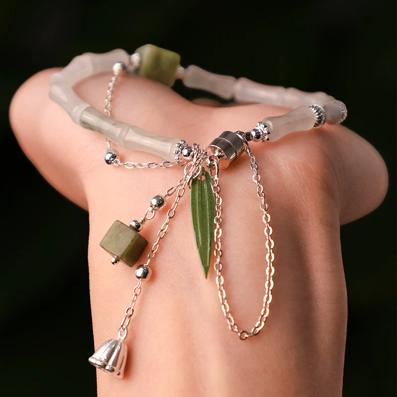 Mocoer 925 Sterling Silver Natural White Jade Bamboo Leaf Lantern Charm Happiness Bracelet - Mocoer