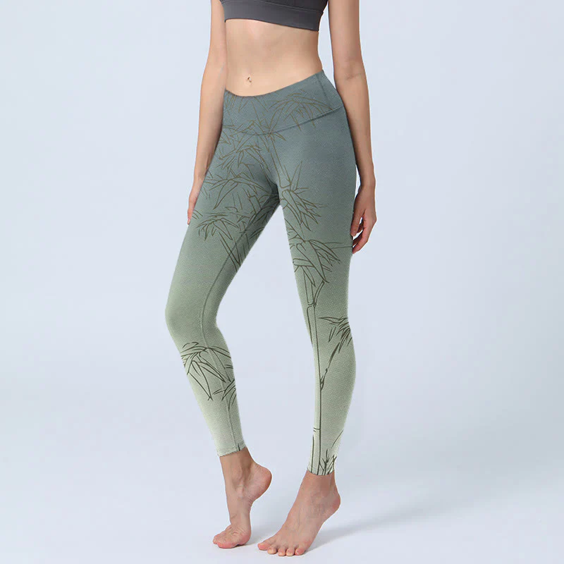 Mocoer Bamboo Leaves Sketch Print Sports Leggings Women's Yoga Pants - Mocoer