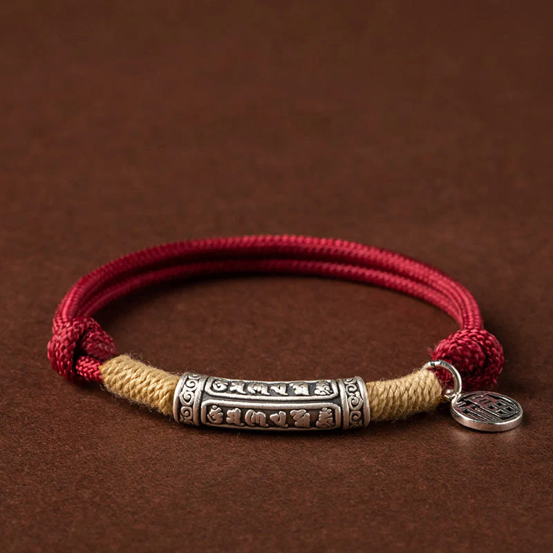 Mocoer 999 Sterling Silver Tibet Handmade Om Mani Padme Hum Fu Character TopRank Character Luck Braided Bracelet - Mocoer