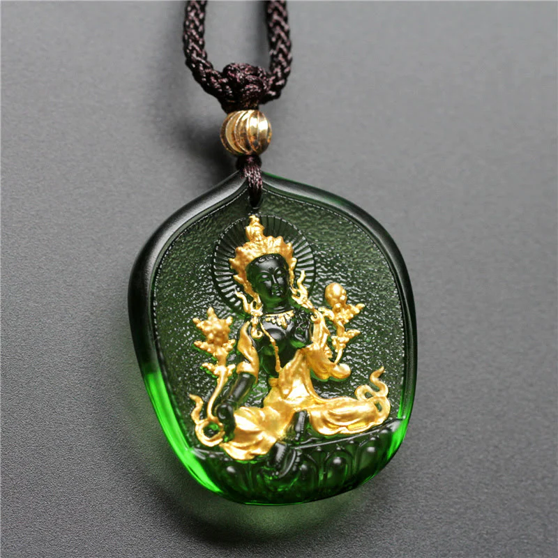 Mocoer Tibetan Green Tara Buddha Gold Plated Liuli Crystal Protection Necklace Pendant - Mocoer