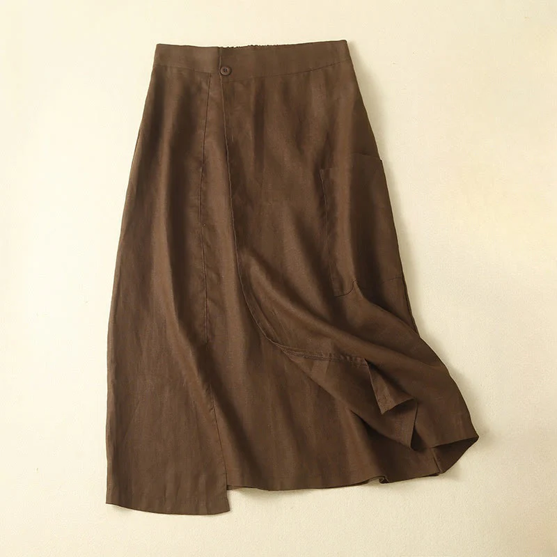 Mocoer Vintage Summer Asymmetrical High Waist Women's Cotton Linen Skirt With Pockets - Mocoer