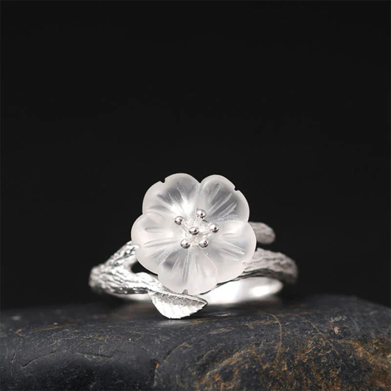 Mocoer 925 Sterling Silver White Crystal Skeleton Flower Adjustable Healing Ring - Mocoer
