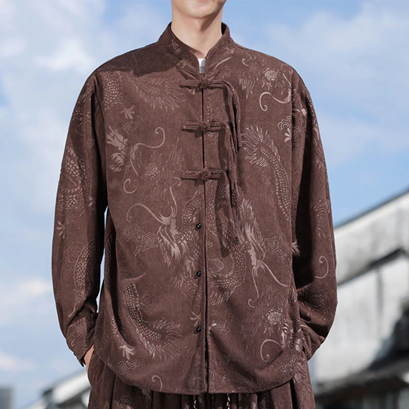 Mocoer Dragon Design Casual Corduroy Cotton Men's Jacket Shirt Pants With Pockets - Mocoer