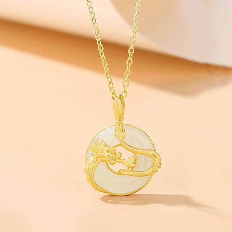 Mocoer 925 Sterling Silver Year of the Dragon Hetian Jade Golden Dragon Phoenix Peace Buckle Luck Necklace Pendant - Mocoer
