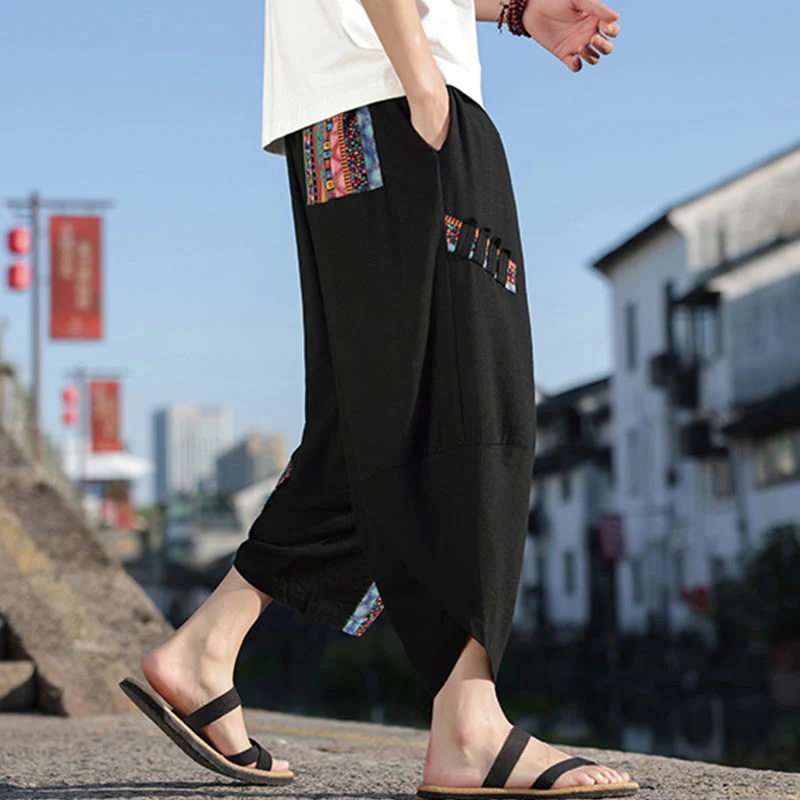 Mocoer Bohemian Patchwork Pattern Cotton Drawstring Men's Wide Leg Pants With Pockets - Mocoer