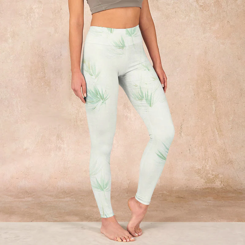Mocoer Green Bamboo Leaves Print Sports Leggings Women's Yoga Pants - Mocoer
