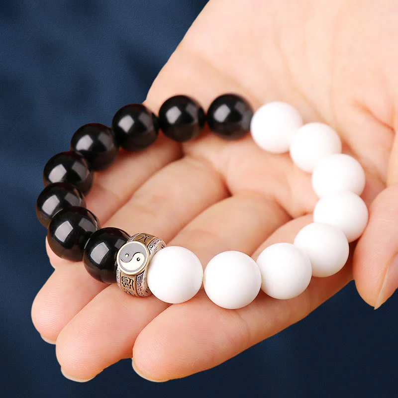 Mocoer 925 Sterling Silver Black Obsidian White Shell Yin Yang Strength Bracelet - Mocoer
