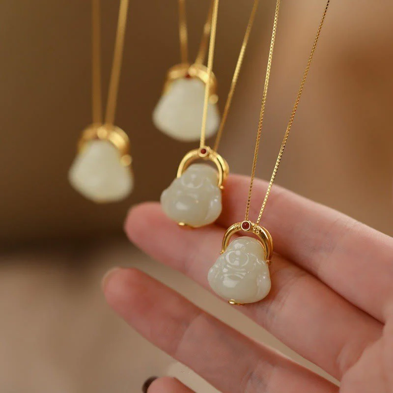 Mocoer 925 Sterling Silver Natural Hetian Jade Laughing Buddha Abundance Chain Necklace Pendant - Mocoer