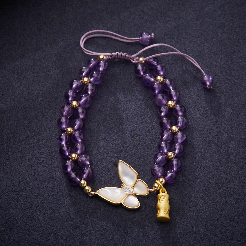 Mocoer Amethyst Butterfly Bamboo Balance Relieves Stress Braided String Bracelet - Mocoer