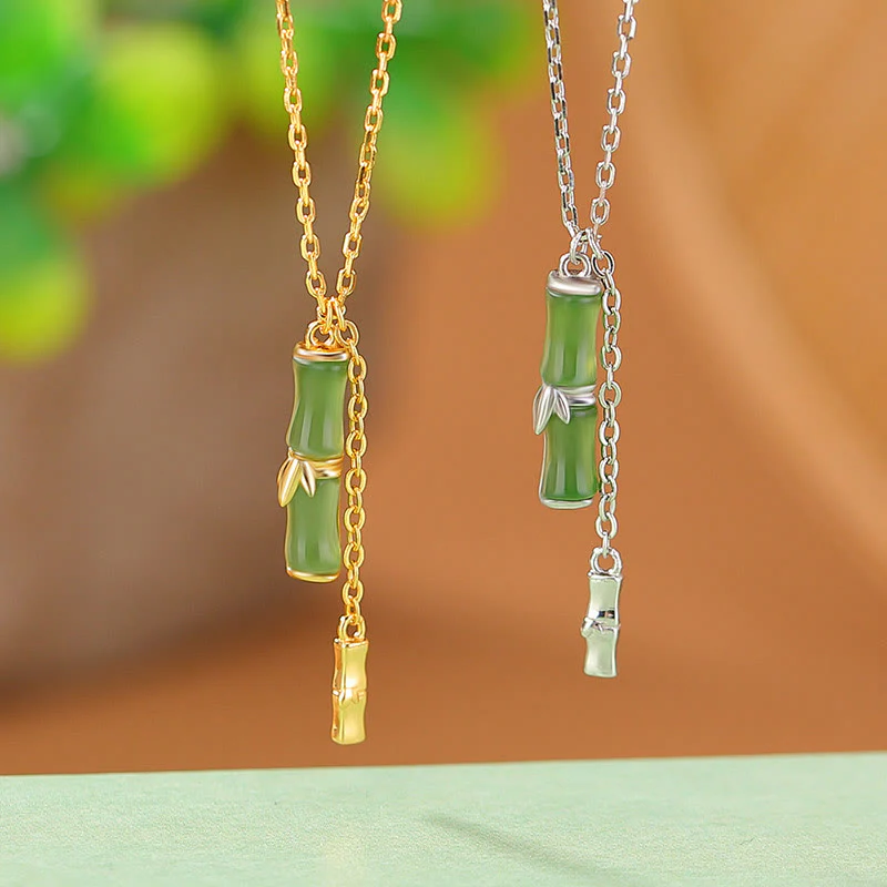 Mocoer Hetian Jade 925 Sterling Silver Bamboo Abundance Necklace Pendant - Mocoer
