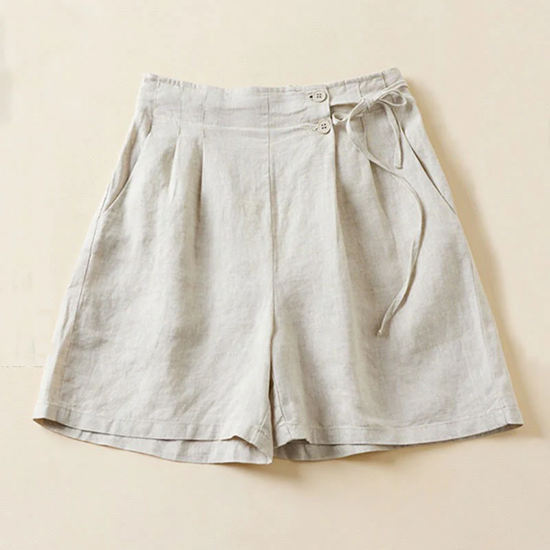 Mocoer Solid Color Two Buttons Lace-up Cotton Linen Women's Shorts With Pockets - Mocoer
