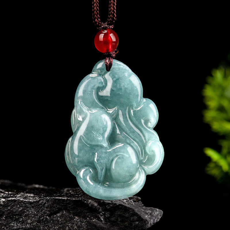 Mocoer Natural Green Jade Nine Tailed Fox Fairy Prosperity Necklace Pendant - Mocoer