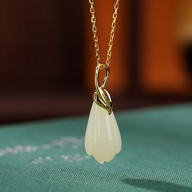 Mocoer 925 Sterling Silver Plated Gold Natural Hetian Jade Magnolia Flower Abundance Necklace Pendant - Mocoer
