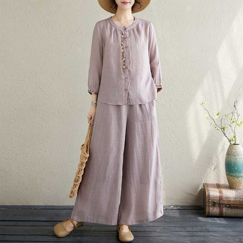 Mocoer 2Pcs Cotton Embroidery Flowers Shirt Top Pants Meditation Zen Tai Chi Clothing Women's Set - Mocoer