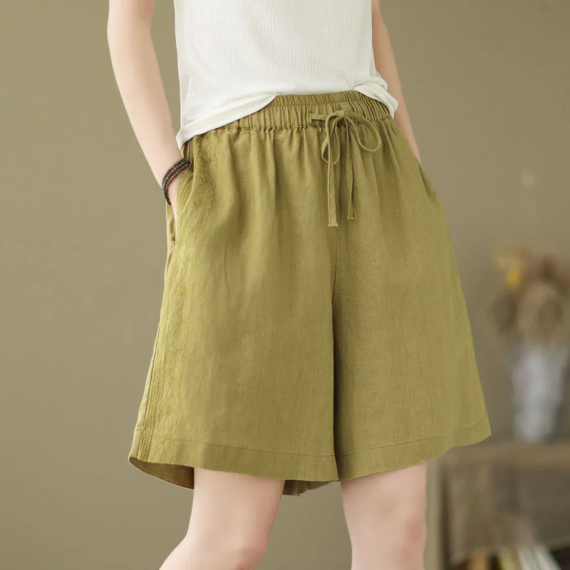 Mocoer Summer Casual Embroidery Pattern Cotton Linen Women's Shorts With Pockets - Mocoer