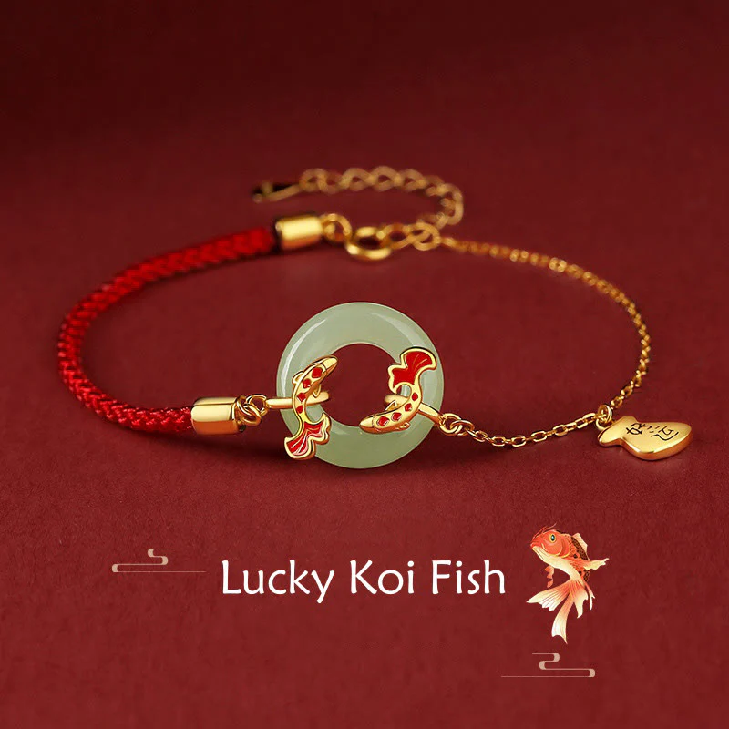 Mocoer 999 Sterling Silver Hetian White Jade Double Koi Fish Peace Buckle Lucky Charm Wealth Bracelet - Mocoer