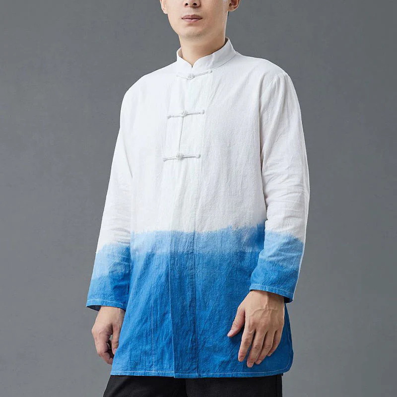 Mocoer Men's Frog-Button Chinese Tang Suit Tie Dye Gradient Flowers Shirt Cotton Linen Clothing - Mocoer