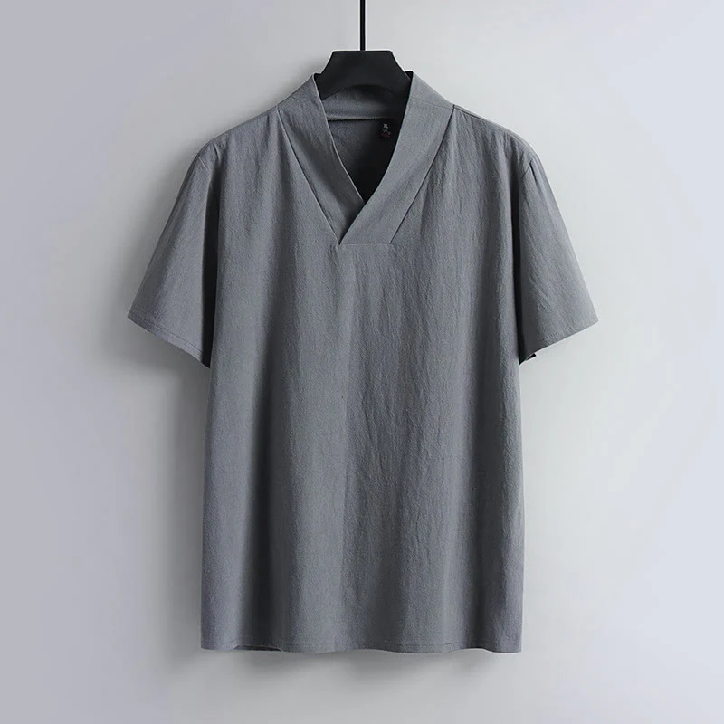 Mocoer Loose Men's T-Shirt Solid Color Top Short Sleeve V Collar Breathable Linen Shirt - Mocoer