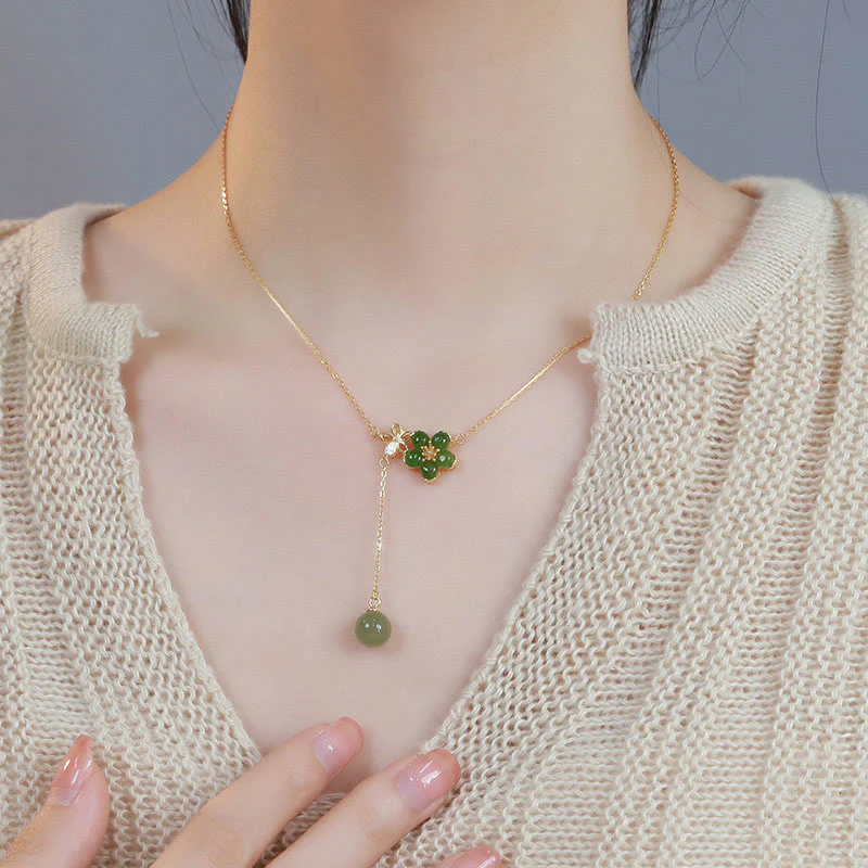 Mocoer 925 Sterling Silver Hetian Cyan Jade Plum Flower Blossom Design Luck Necklace Pendant - Mocoer