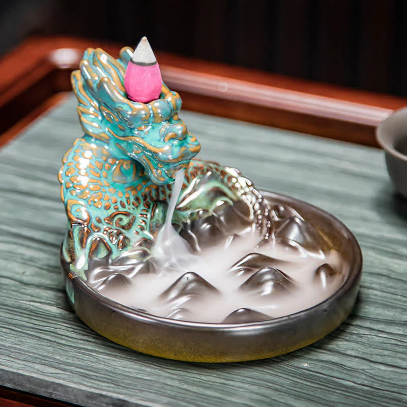 Mocoer Dragon Pattern Ceramic Backflow Smoke Fountain Incense Burner Decoration - Mocoer