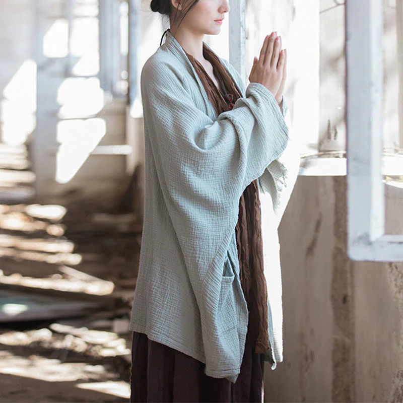 Mocoer Plain Design Long Sleeve Coat Zen Meditation Open Front Top Cotton Jacket - Mocoer