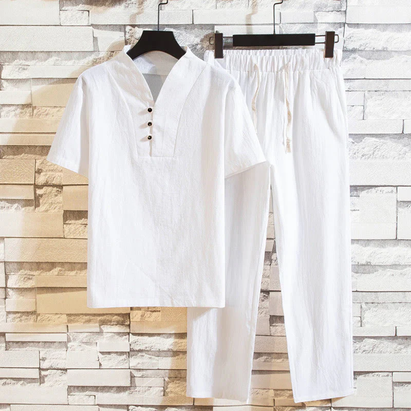 Mocoer 2Pcs Solid Color Cotton Button Short Sleeve T-shirt Pants Men's Set - Mocoer