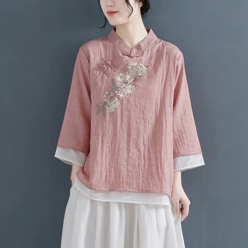 Mocoer Flower Embroidery Three Quarter Sleeve Frog-Button Mandarin Collar Cotton Linen Women's Shirt - Mocoer