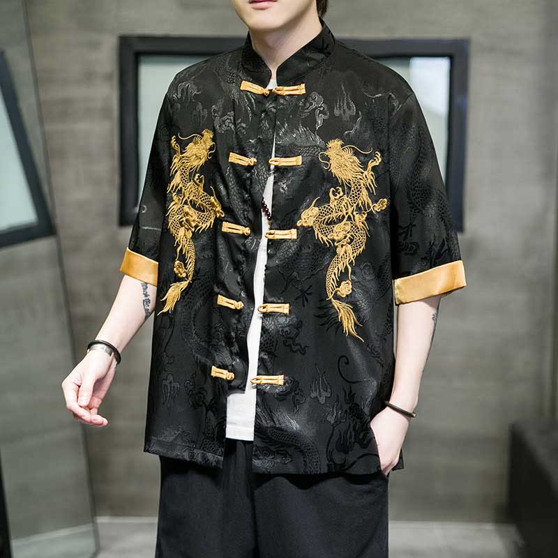 Mocoer Frog-Button Chinese Dragon Embroidery Half Sleeve Shirt Linen Men Clothing - Mocoer