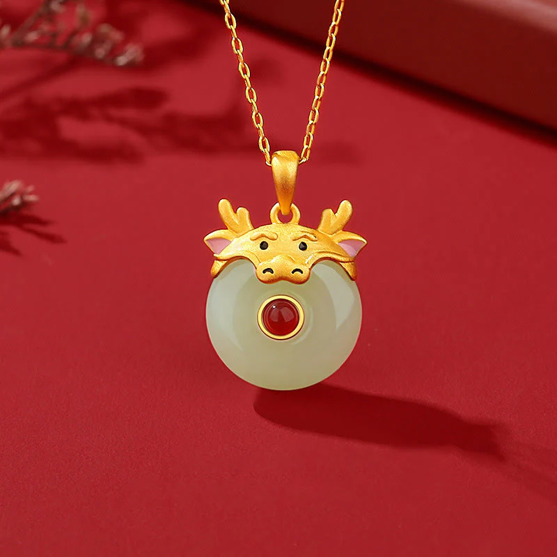 Mocoer 925 Sterling Silver Hetian Jade Chinese Zodiac Year of the Dragon Red Agate Luck Protection Necklace Pendant - Mocoer