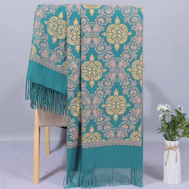 Mocoer Polyester Shawl Symmetry Gold Filigree Embroidery Tassel Winter Cozy Travel Scarf Wrap - Mocoer