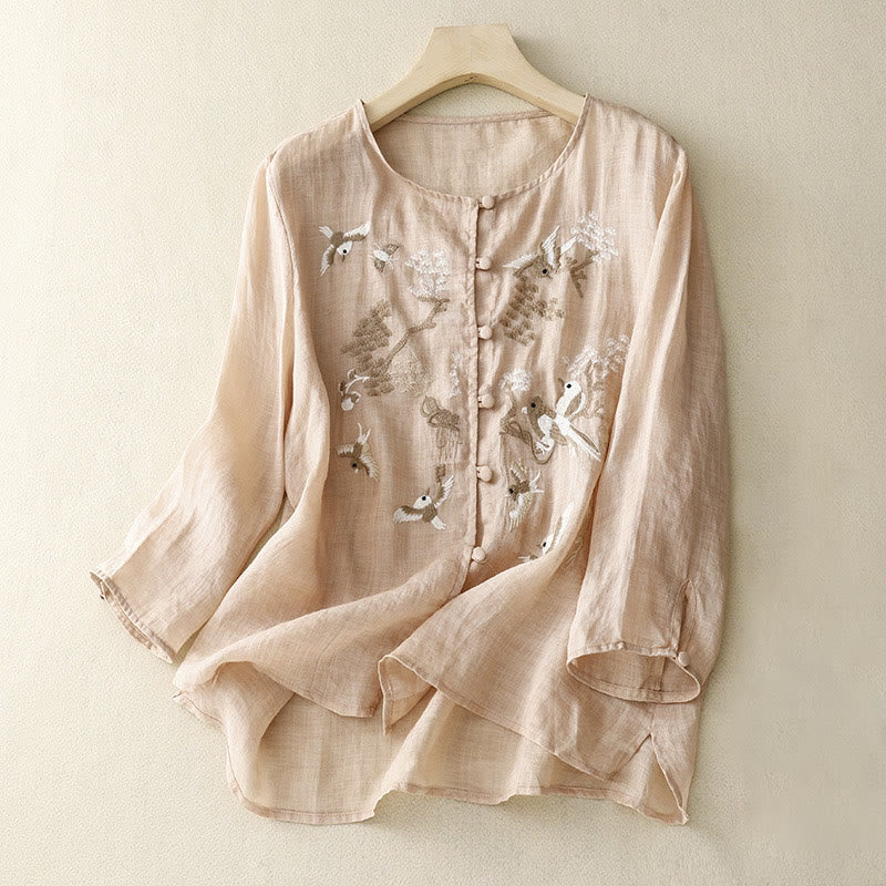 Mocoer Round Neck Casual Blouse Embroidery Long Sleeve Shirt Cotton Linen Top Women's Shirts - Mocoer