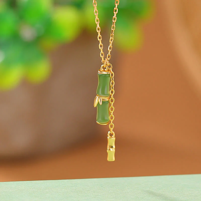 Mocoer Hetian Jade 925 Sterling Silver Bamboo Abundance Necklace Pendant - Mocoer