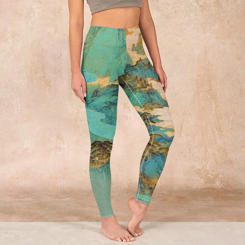 Mocoer Chinese Style Green Mountains Landscape Print Lycra Fabric Fitness Leggings Women's Yoga Pants - Mocoer