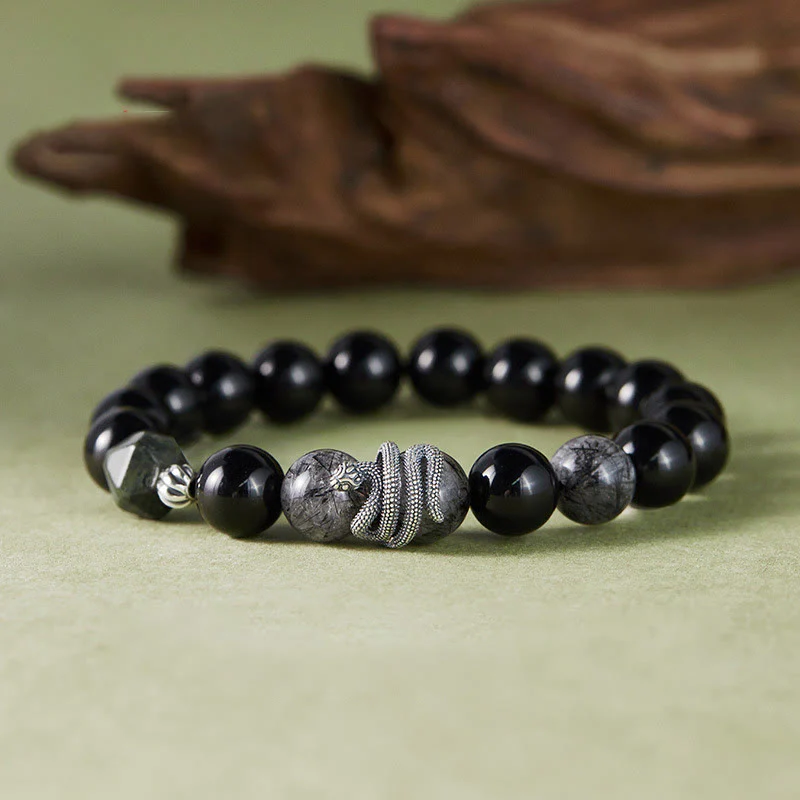 Mocoer Black Obsidian Black Rutilated Quartz 925 Sterling Silver Year Of The Snake Purification Bracelet - Mocoer