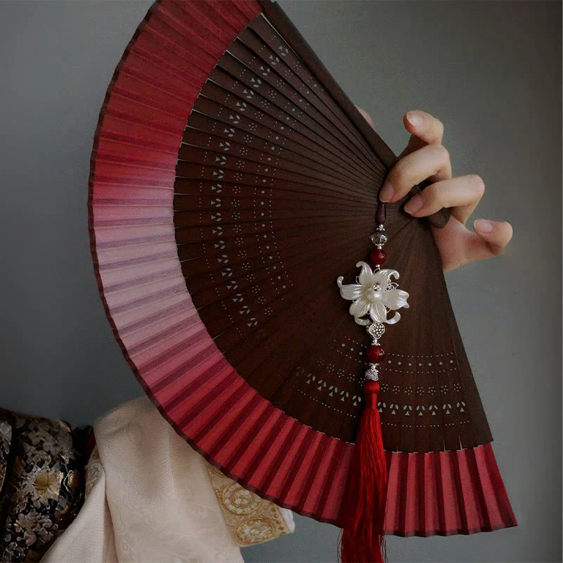 Mocoer Red Lily Tassel Hollow Rib Silk Handheld Bamboo Folding Fan - Mocoer