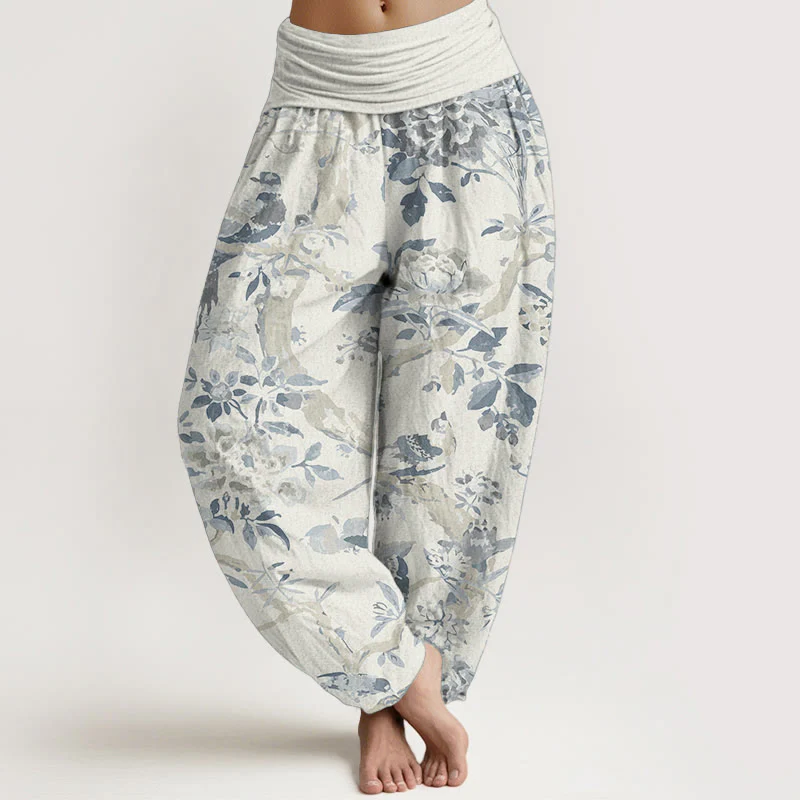 Mocoer Pure Cotton Birds Branches Flowers Pattern Women's Elastic Waist Harem Pants - Mocoer