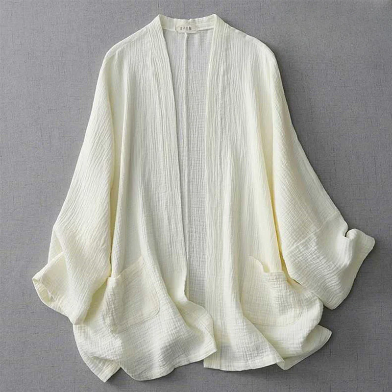 Mocoer Zen Meditation Three Quarter Sleeve Open Front Cotton Jacket With Pockets - Mocoer