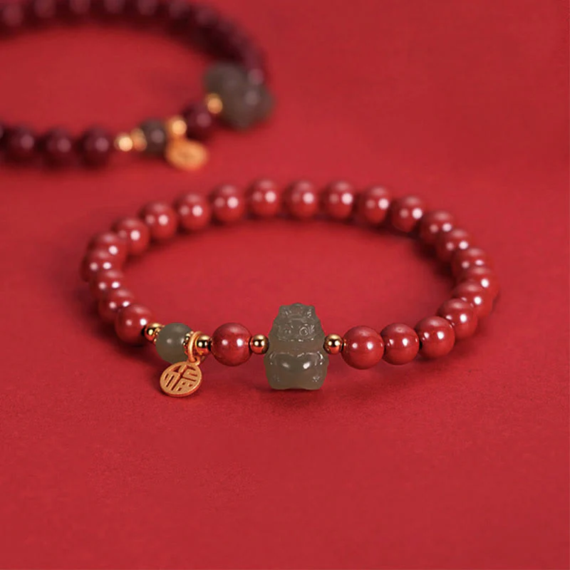 Mocoer 925 Sterling Silver Year of the Dragon Natural Cinnabar Hetian Jade Dragon Fu Character Ruyi As One Wishes Charm Blessing Bracelet - Mocoer