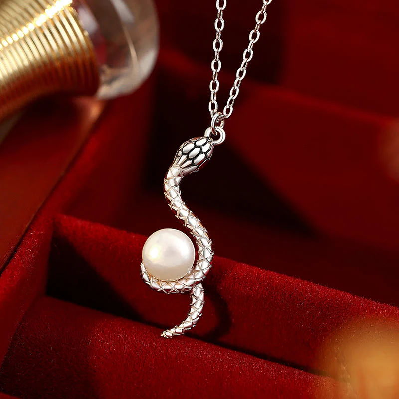 Mocoer 925 Sterling Silver Snake Around Pearl Year Of The Snake Blessing Necklace Pendant - Mocoer