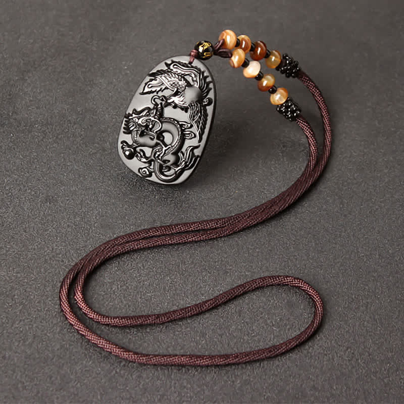 Mocoer Black Obsidian Tiger Eye Dragon Phoenix Protection Beaded Necklace Pendant - Mocoer