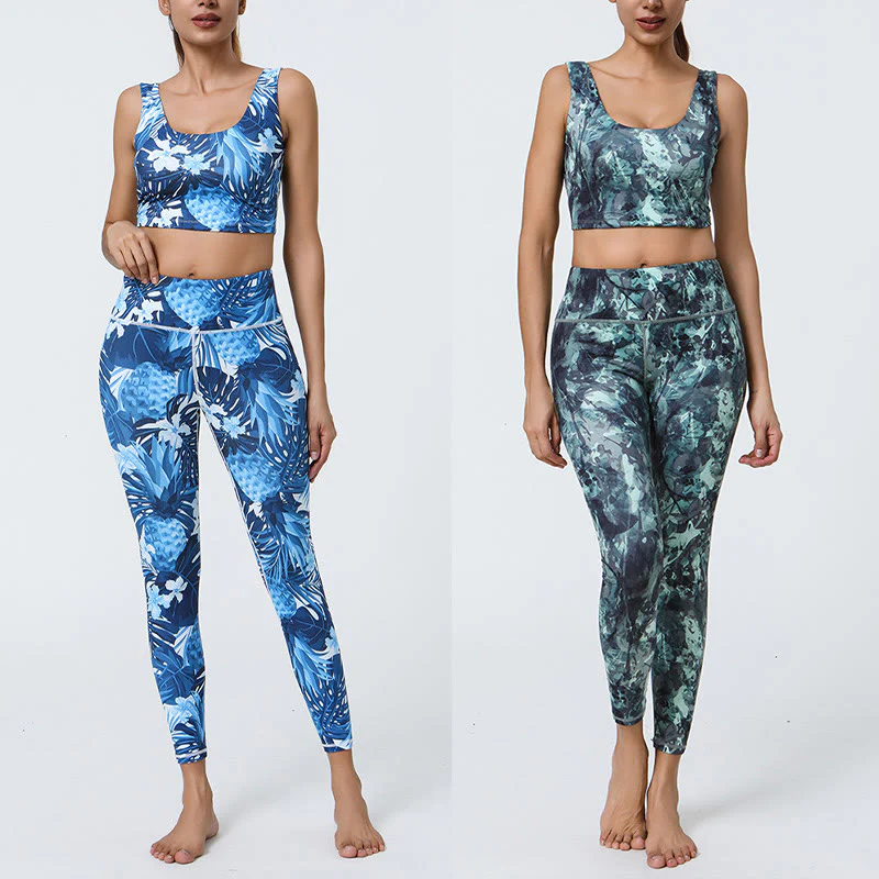 Mocoer 2Pcs Pineapple Grass Leaves Print Sports Fitness Crop Tank Bra High Waist Leggings Yoga Pants - Mocoer