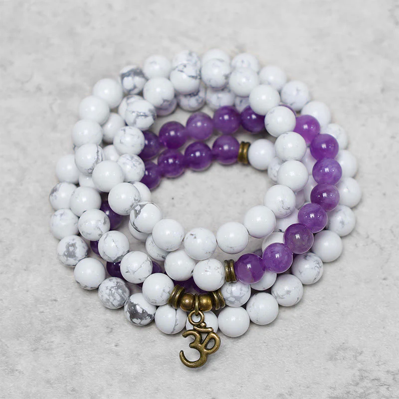 Mocoer 108 Mala Beads Amethyst White Turquoise OM Healing Meditation Energy Bracelet - Mocoer