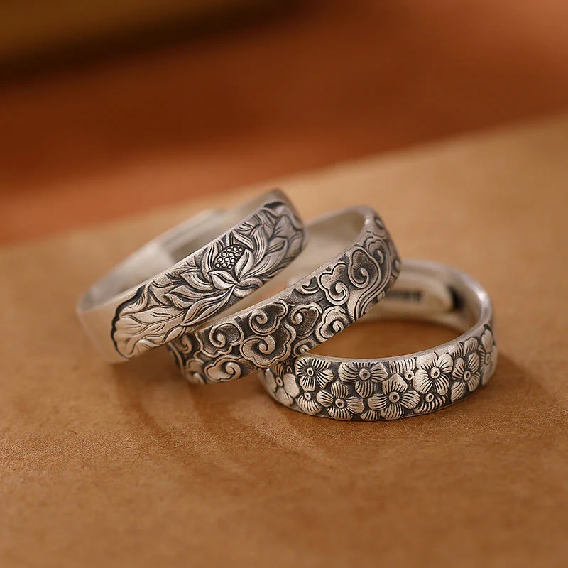 Mocoer 999 Sterling Silver Lotus Flower Plum Blossom Auspicious Clouds Engraved Enlightenment Ring - Mocoer
