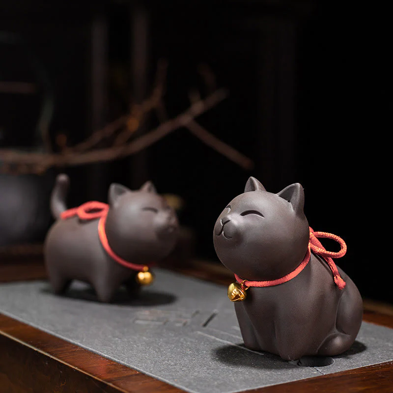 Mocoer Mini Lovely Cat Tea Pet Purple Clay Figurine Desk Decoration - Mocoer