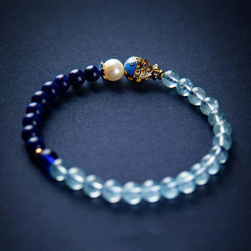Mocoer Natural Aquamarine Lazurite Fish Healing Bracelet - Mocoer
